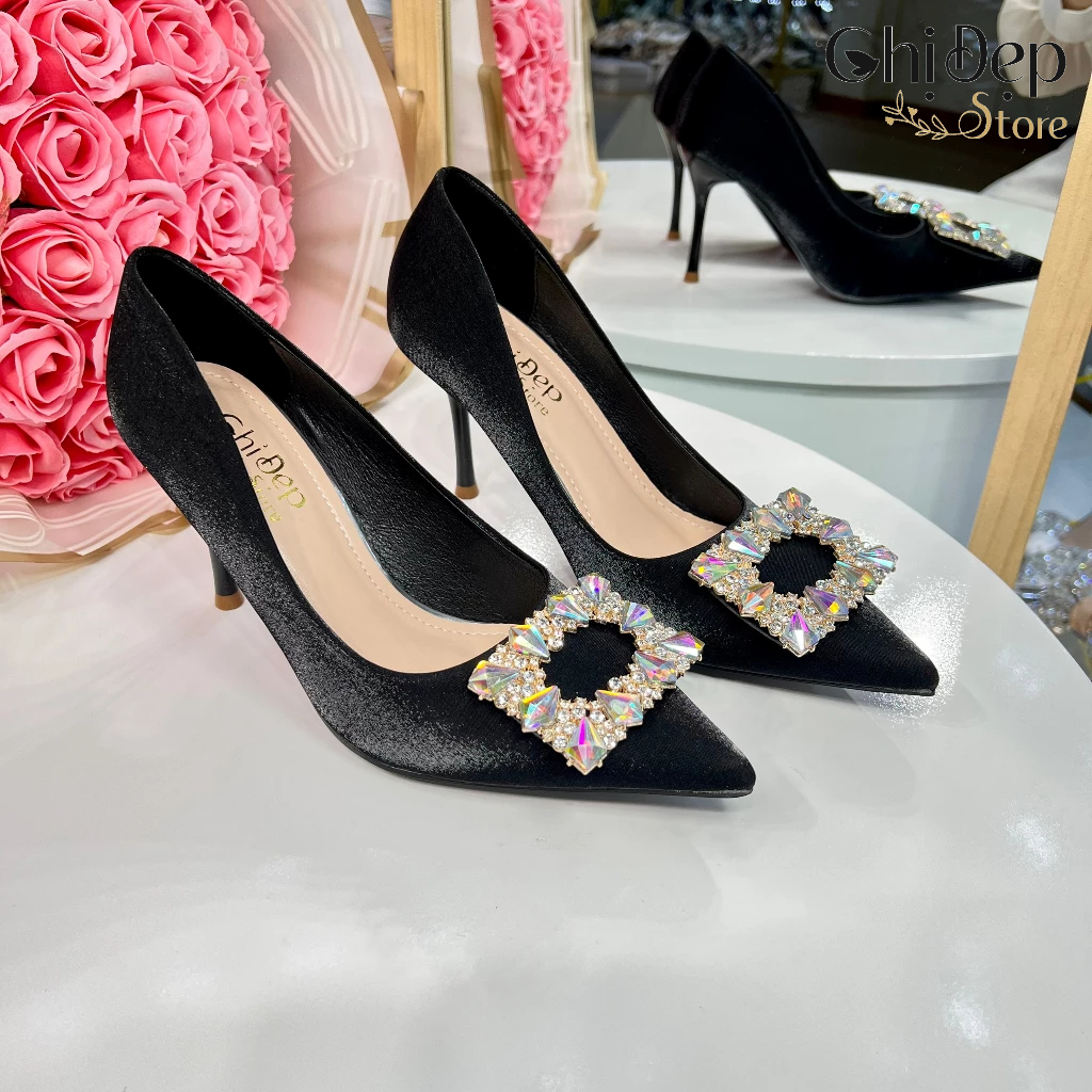 Giày cao gót nữ bít mũi đính ĐÁ VUÔNG ĐỔI MÀU gót nhọn 9cm, Sandal nữ cao gót 9 phân mã U33