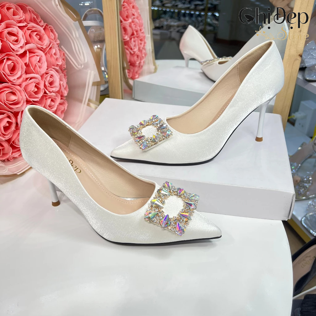 Giày cao gót nữ bít mũi đính ĐÁ VUÔNG ĐỔI MÀU gót nhọn 9cm, Sandal nữ cao gót 9 phân mã U33