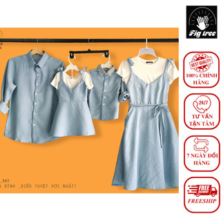 Set Sơ Mi Yếm Gia Đình Fig Tree Sọc Xanh Xám Siêu Dễ Thương Nữ Kèm Áo Thun Mã 163