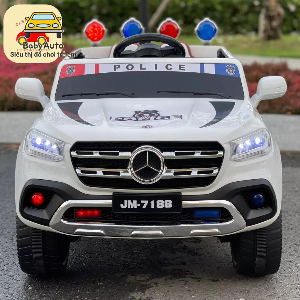 Ô Tô Điện MERCEDES JM 7188 POLICE Ghế Nệm Da Bánh Cao Su 4 Động Cơ (Đỏ-Trắng)