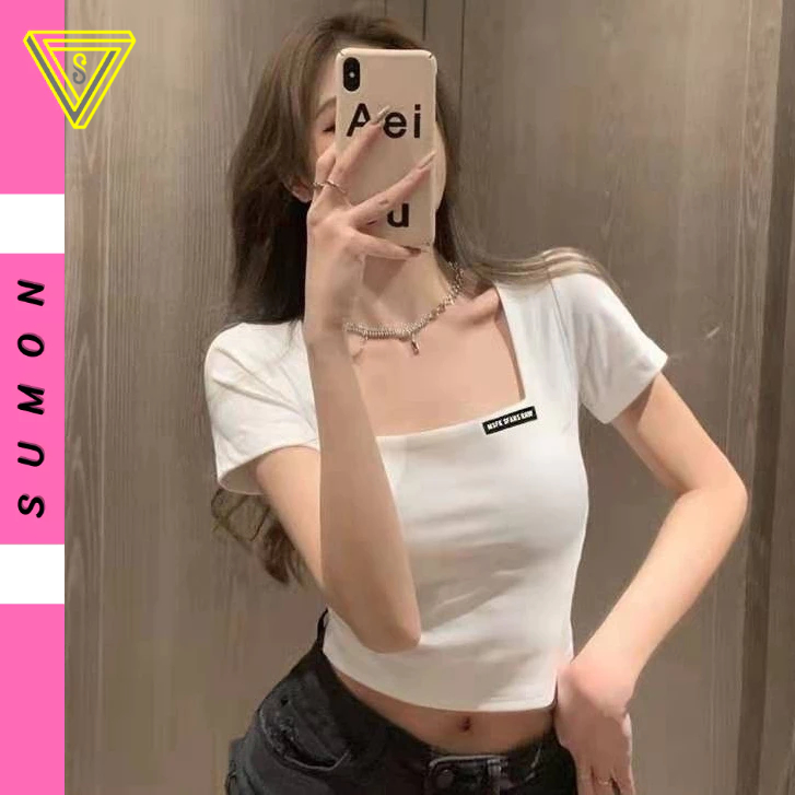 Áo Croptop TAY NGẮN CỔ VUÔNG LOGO Trơn Ôm Body Chất Tốt, Áo CRT Kiểu Nữ Ôm Thun Gân Mềm Mát