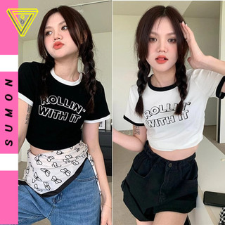 Áo Croptop ROLLIN PHỐI VIỀN Tay Ngắn Cổ Tròn Chất Thun Borip, Áo Thun Kiểu Sexy Nữ Ôm Body In Hoạ Tiết