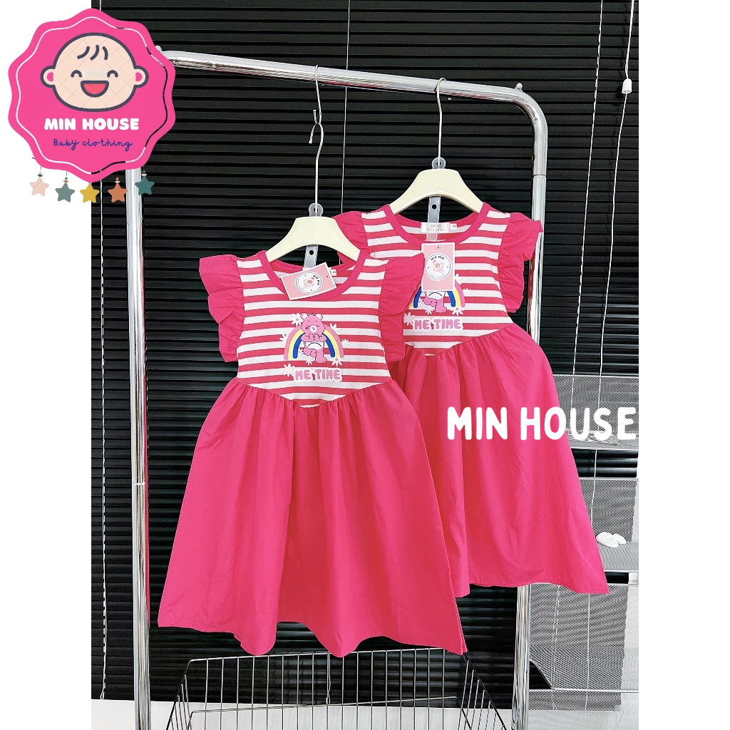 Váy thô kẻ sọc tay cánh tiên in hình gấu cầu vồng cho bé gái diện đi học, đi chơi