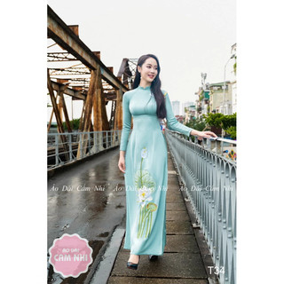 Áo dài thêu hoa sen màu Xanh pastel Mã T34, Áo dài truyền thống lụa tây thi, Áo dài Cẩm Nhi