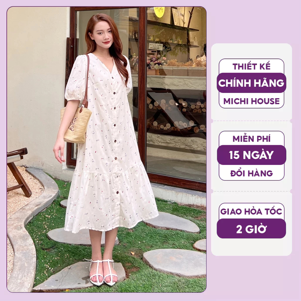 Đầm Suông Hoa Nhí Michi House Váy Xuông Đuôi Cá Phong Cách Vintage Cổ V Dáng Dài Qua Gối Freesize Bầu Mặc Xinh K34