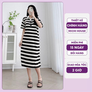 Đầm Thun Suông Michi House Váy Thun Xuông Công Sở Kẻ Sọc Dáng Dài Qua Gối Thanh Lịch Freesize Bầu Mặc Xinh V635
