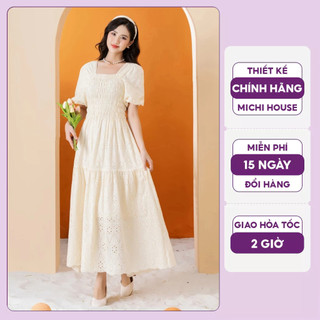 Đầm suông maxi đi biển michi house váy xuông màu trắng công chúa tay bồng dáng dài qua gối freesize bầu mặc xinh v620