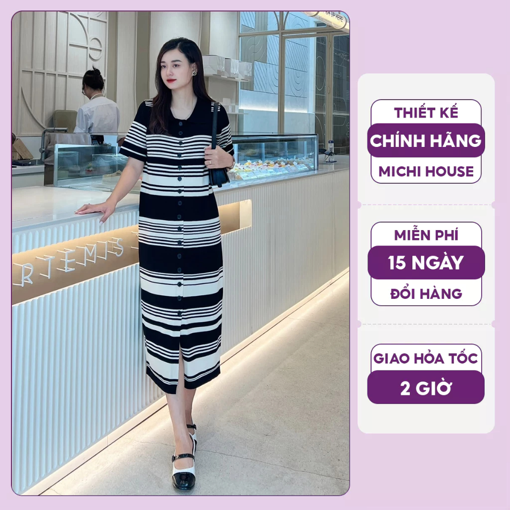 Đầm Polo Sọc Đen Trắng Michi House Váy Xuông Công Sở Dáng Dài Qua Gối Freesize Thoải Mái Bầu Mặc Xinh V487