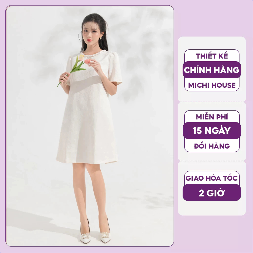 Đầm Suông Dự Tiệc Michi House Váy Xuông Màu Trắng Sang Trọng Dáng Dài Đến Gối Mặc Đi Cưới Đi Tiệc Bầu Mặc Xinh V662