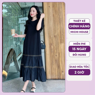 Đầm Thun Suông Maxi Michi House Váy Xuông Tầng Phối Viền Vintage Màu Đen Mặc Chụp Ảnh Du Lịch Cafe Bầu Mặc Xinh V424