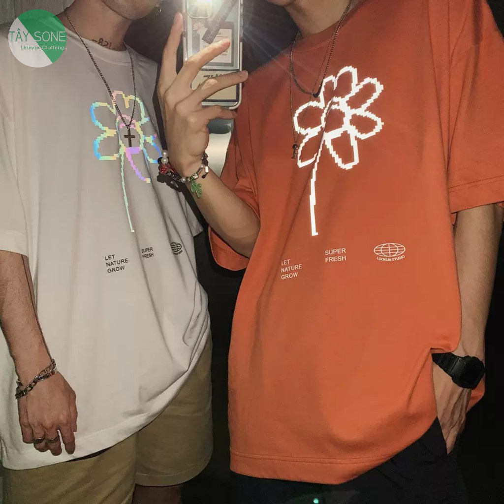 Áo thun cổ tròn unisex form rộng Phản quang bạc FLOWER SUPER FRESH giá sỉ
