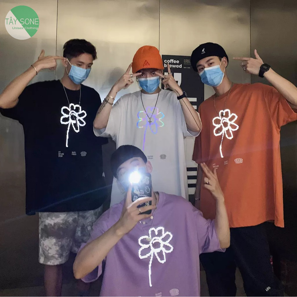 Áo thun cổ tròn unisex form rộng Phản quang bạc FLOWER SUPER FRESH giá sỉ