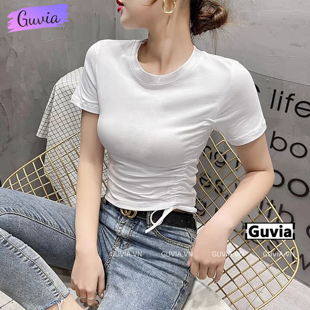 Áo Croptop Nữ Tay Ngắn Cổ Tròn Rút Dây Bên Ôm Body, Áo Thun Croptop Kiểu Sexy Thun Gân GUVIA CR184