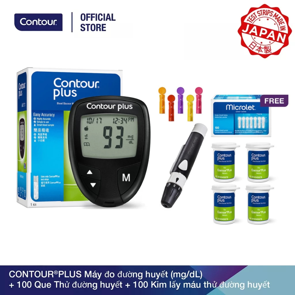 Bộ 3 sản phẩm: 1 Máy đo đường huyết CONTOUR PLUS (mg/dL) và 100 Que thử đường huyết và 100 Kim lấy máu thử đường huyết