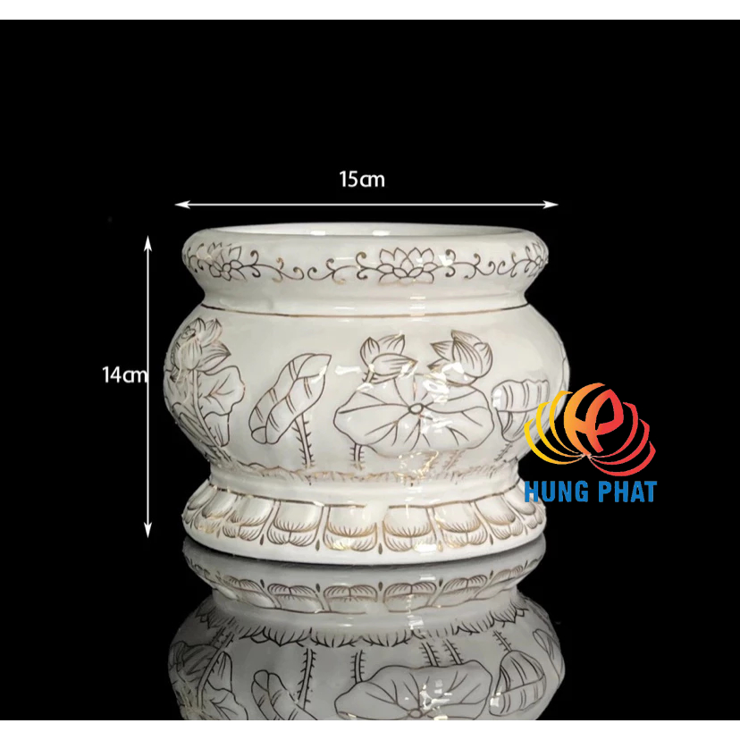 Bộ thờ cúng Bạch Ngọc: Bình hoa, Lư hương-Bát nhang, Đĩa trái cây, Chung đại bi, Áng năm ly, Áng ba ly Bạch Ngọc Sen Nổi