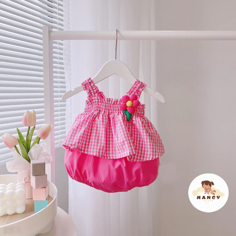 Đồ sơ sinh bé gái, váy bé gái mùa hè 0-12 tháng màu hồng họa tiết kẻ caro đính hoa cho bé gái từ 5-13kg - NANCY STORE