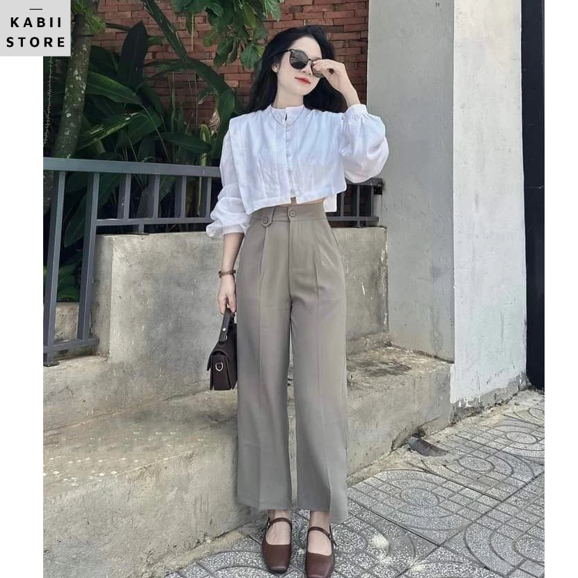 Set áo cổ tàu mix quần suông chéo hàn GU, áo thô mềm đẹp mix quần chéo kiện Hàn, áo cúc bọc đính cẩn thận đủ size S M L