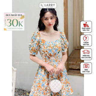 Đầm thiết kế nữ váy ngắn cổ vuông tay bồng chiết eo chất thô hoa Hàn Quốc thời trang thiết kế Larry Clothing V624