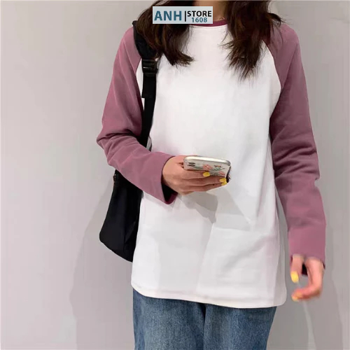 Áo thun nữ tay dài PHỐI TAY phom rộng dễ thương ANHSTORE , áo thun tay dài nữ phối tay phom rộng phong cách Hàn Quốc