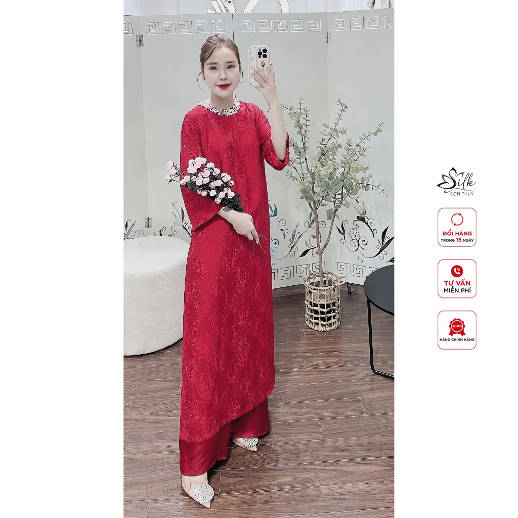 Vải lụa tơ tằm nha xá | Hoạ tiết Thọ dơi may áo dài sang trọng | cssx Sơn Thuý Silk