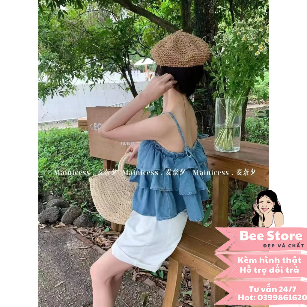 Áo hai dây babydoll, áo jean 2 dây bèo tầng hottrend