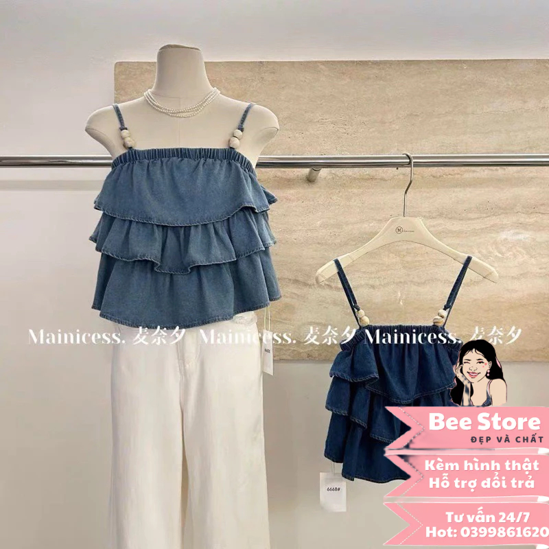 Áo hai dây babydoll, áo jean 2 dây bèo tầng hottrend