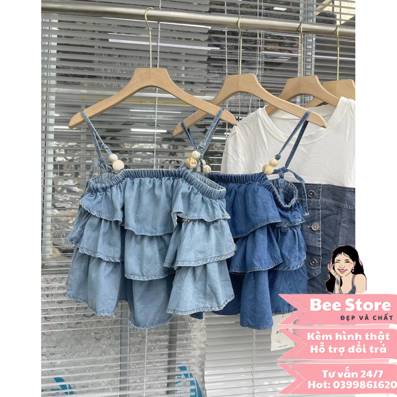 Áo hai dây babydoll, áo jean 2 dây bèo tầng hottrend