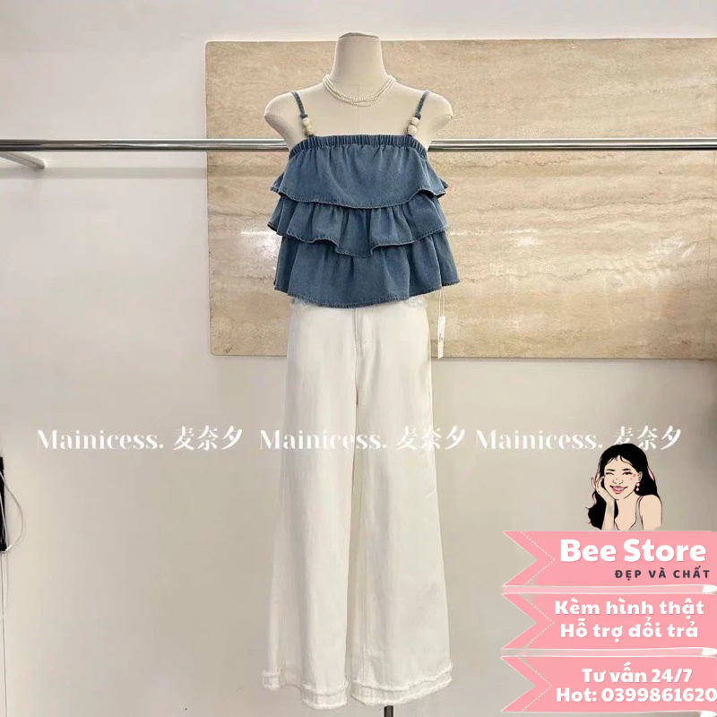 Áo hai dây babydoll, áo jean 2 dây bèo tầng hottrend