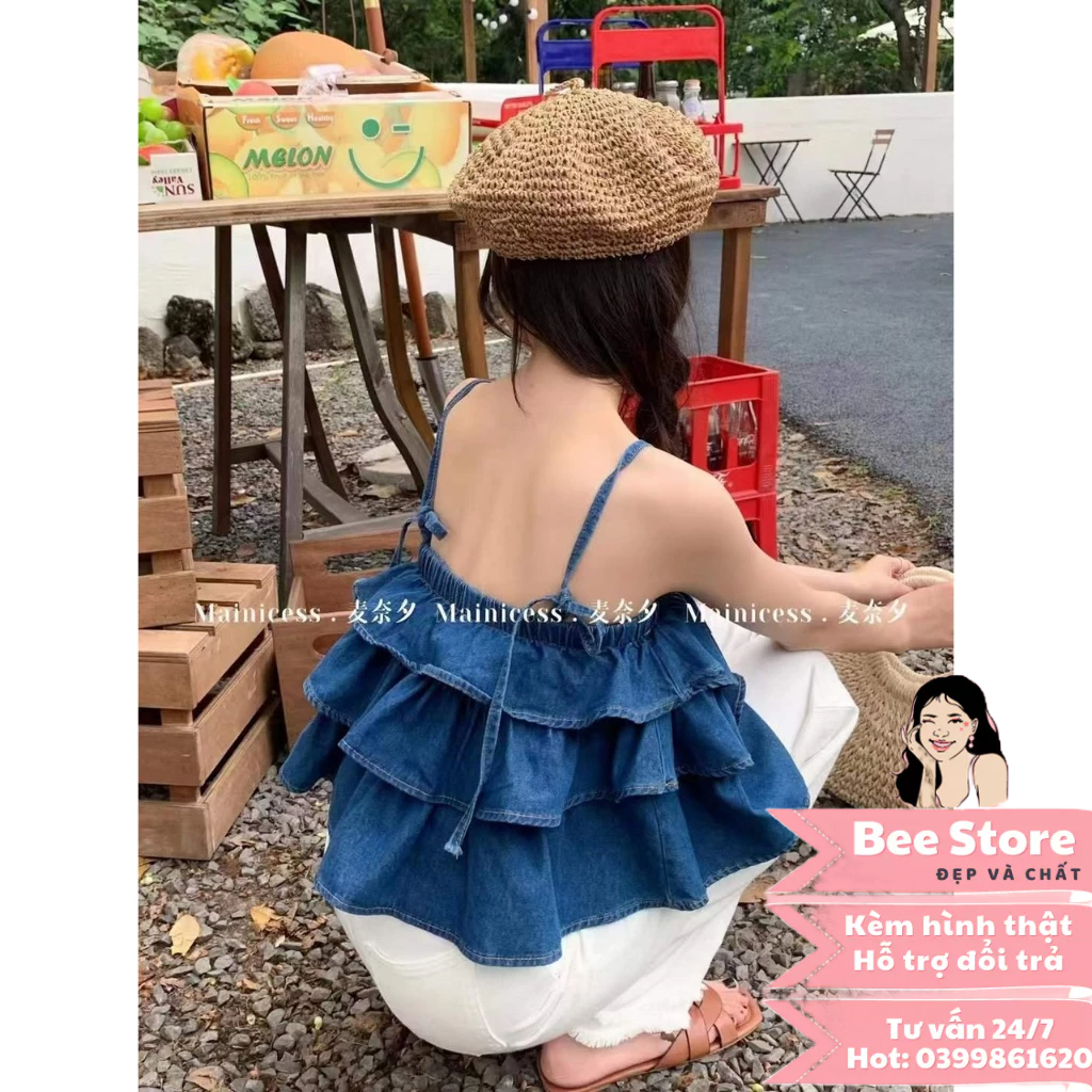 Áo hai dây babydoll, áo jean 2 dây bèo tầng hottrend