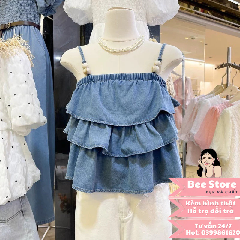 Áo hai dây babydoll, áo jean 2 dây bèo tầng hottrend