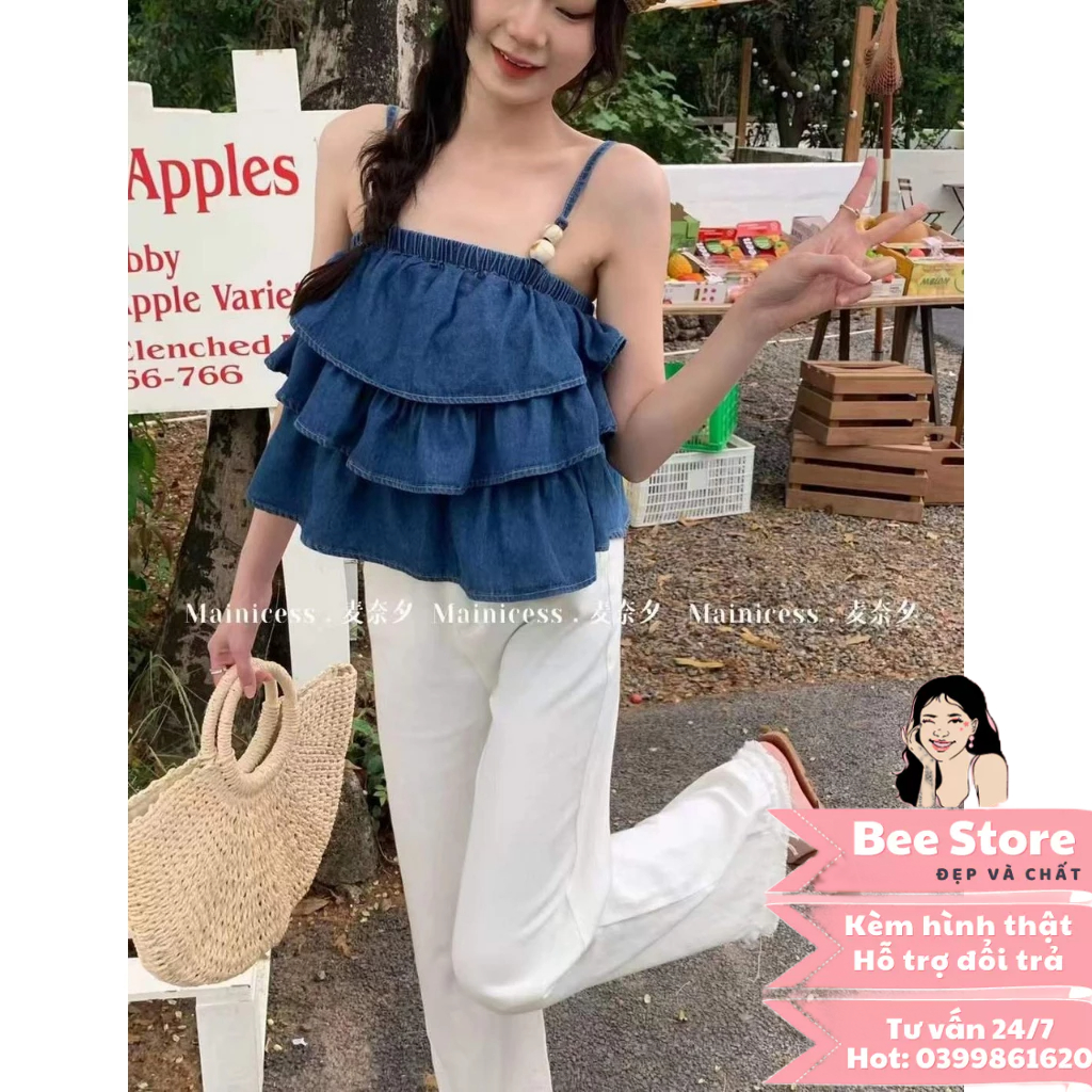 Áo hai dây babydoll, áo jean 2 dây bèo tầng hottrend
