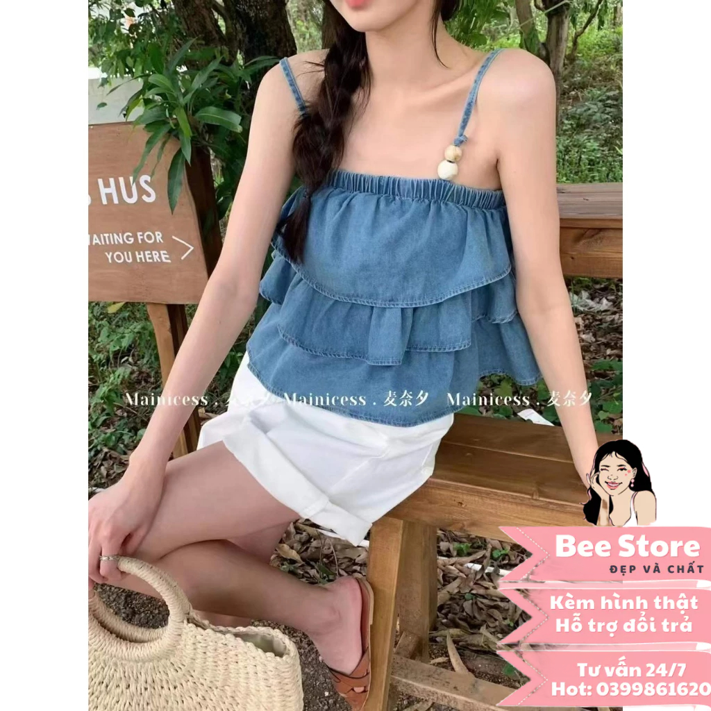 Áo hai dây babydoll, áo jean 2 dây bèo tầng hottrend