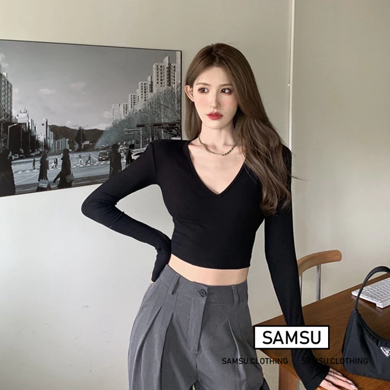 Áo croptop nữ tay dài cổ V khoét sâu phong cách Hàn Quốc mặc đi học đi chơi Samsu.clothing_saigon