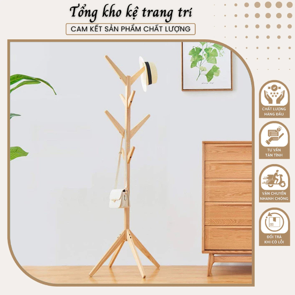 Cây Treo Quần Áo, Túi Xách, Phụ Kiện Có 8 Móc Treo Từ Gỗ Thông Cao Cấp