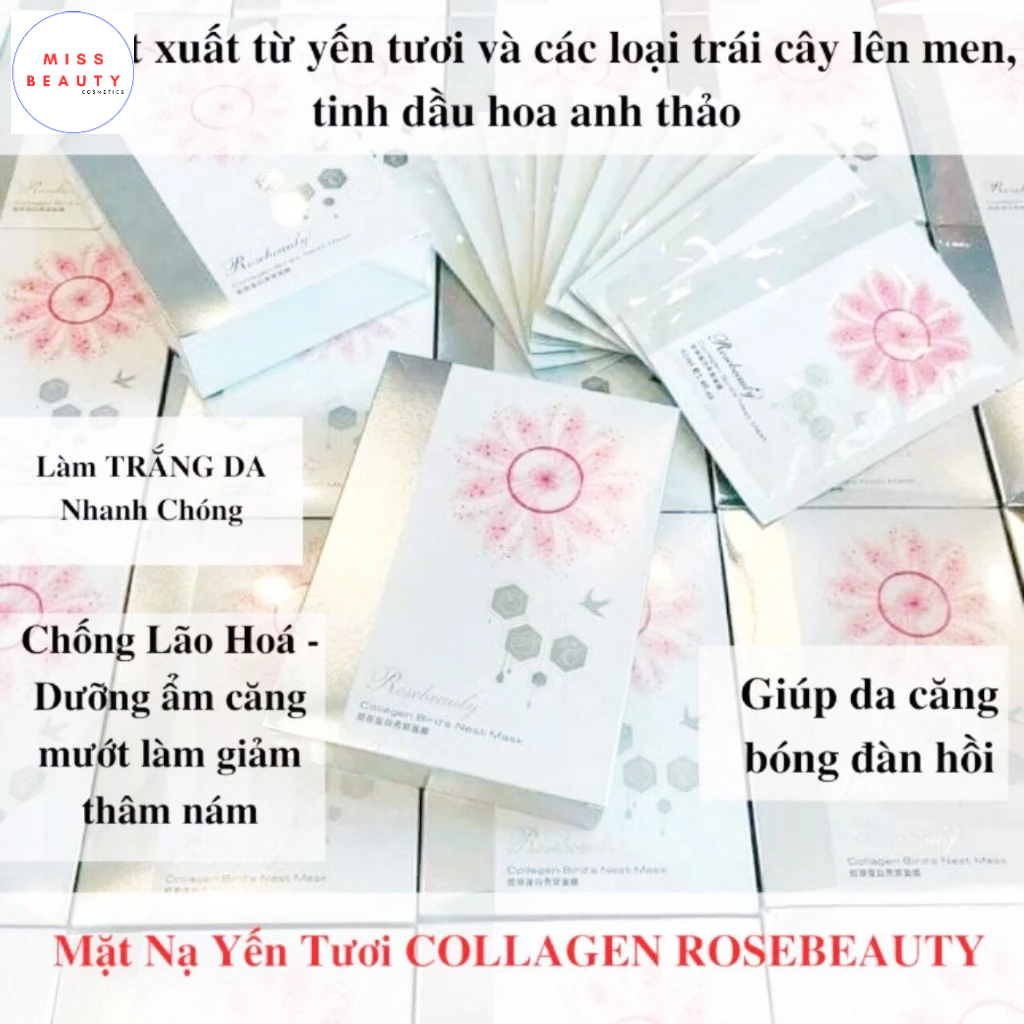 Hộp 10 miếng Mặt Nạ Yến Collagen Rosebeauty trắng da căng bóng
