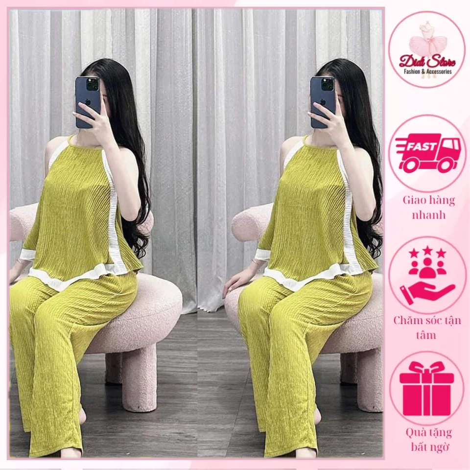 Set bộ đồ nữ với áo cổ yếm phối viền mix quần suông dài sang chảnh dành cho các nàng diện đi chơi, đi dạo phố, mặc nhà.
