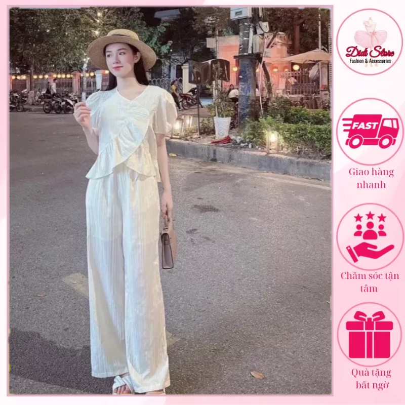 Set áo đũi gân tay phồng, vạc áo đắp chéo nhún bèo kiểu dáng babydoll kết hợp quần suông dài sang chảnh