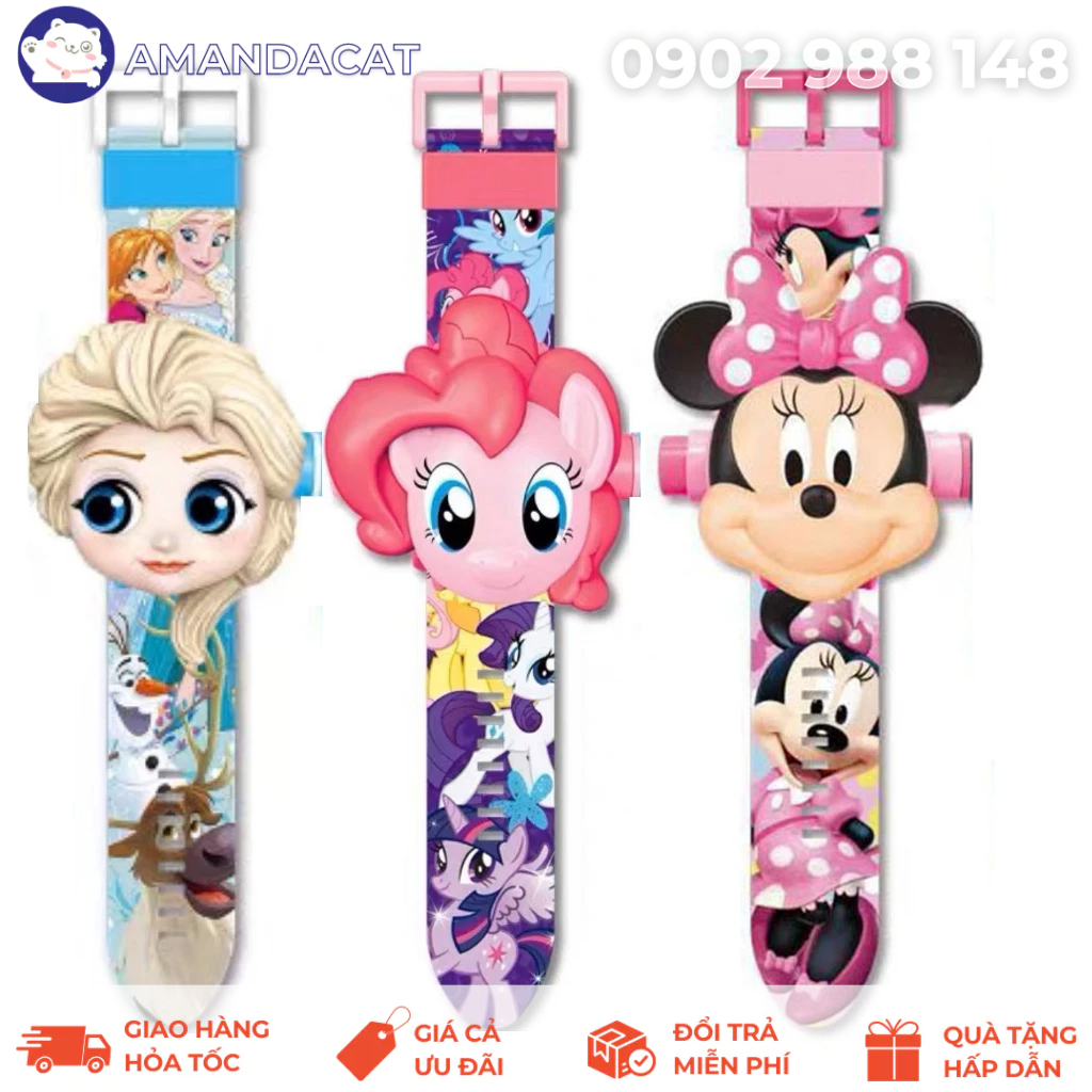 Hỏa Tốc HCM - Đồng hồ đeo tay nắp gập nhân vật hoạt hình Disney Avengers 3D chiếu hình LED, 24 hình chiếu Elsa/Ironman