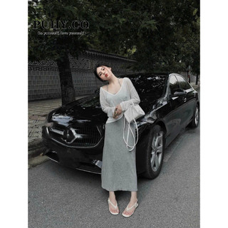 Set váy tăm cúp mix áo mỏng cổ tim mùa thu siêu xinh