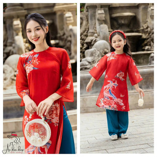 Áo dài cách tân mẹ bé vải tơ Ngọc Trai 4 tà hoạ tiết in 3D siêu xinh