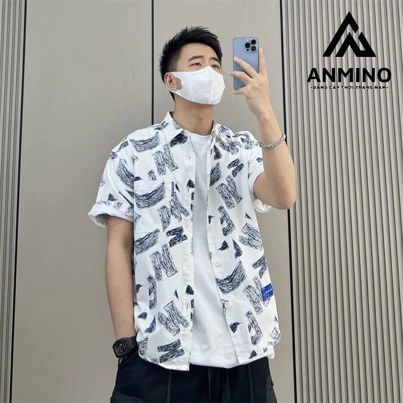 Sơ mi đũi nam dáng rộng - in họa tiết chữ 3D sinh động trẻ trung