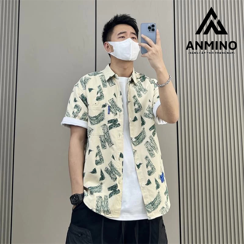 Sơ mi đũi nam dáng rộng - in họa tiết chữ 3D sinh động trẻ trung
