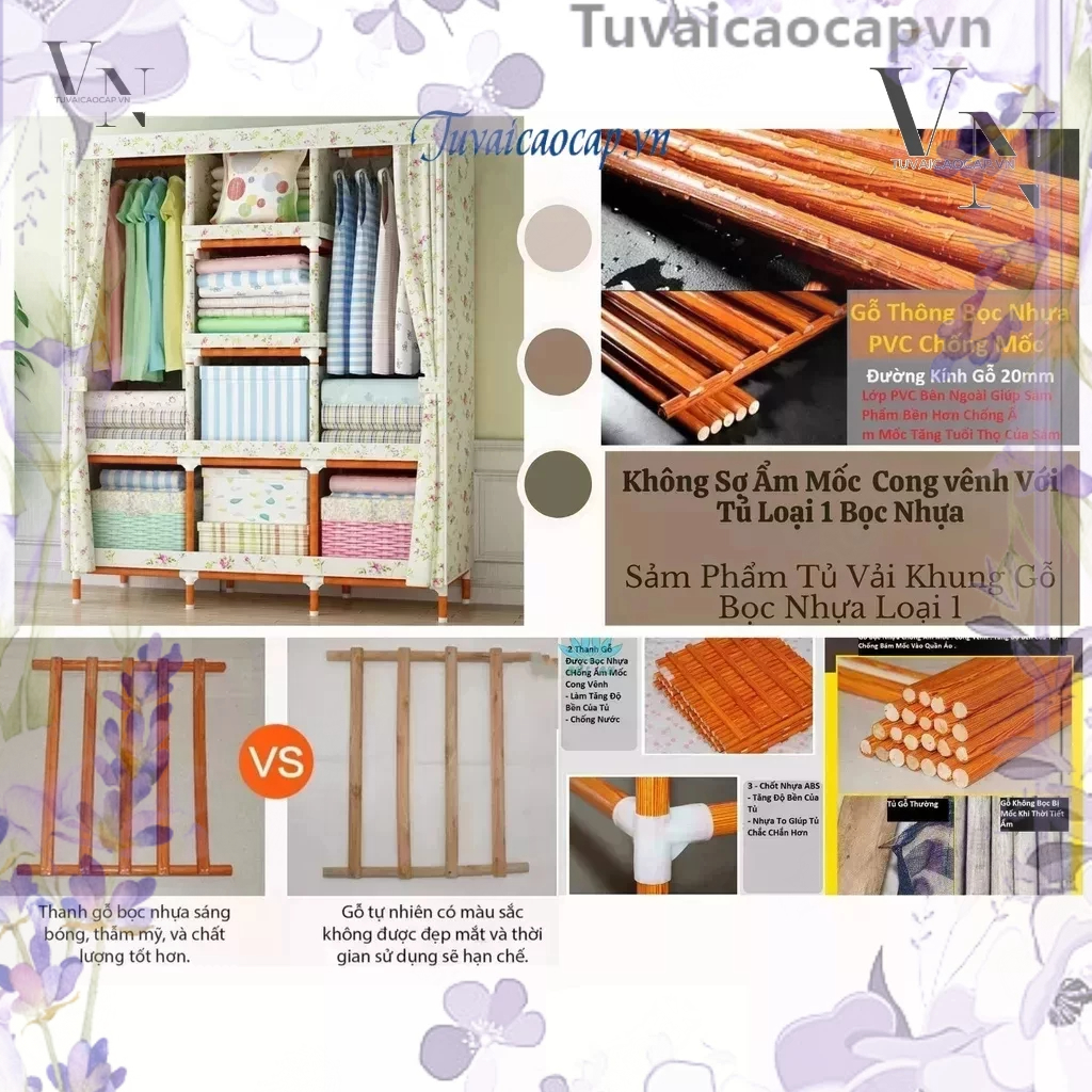 Tủ Quần áo Tuvaicaocapvn Tủ Vải Khung Gỗ Bọc Nhựa , Tủ Đựng Quần Áo Vải 3 Buồng Có Thể Gấp Gọn Tủ Treo quần áo