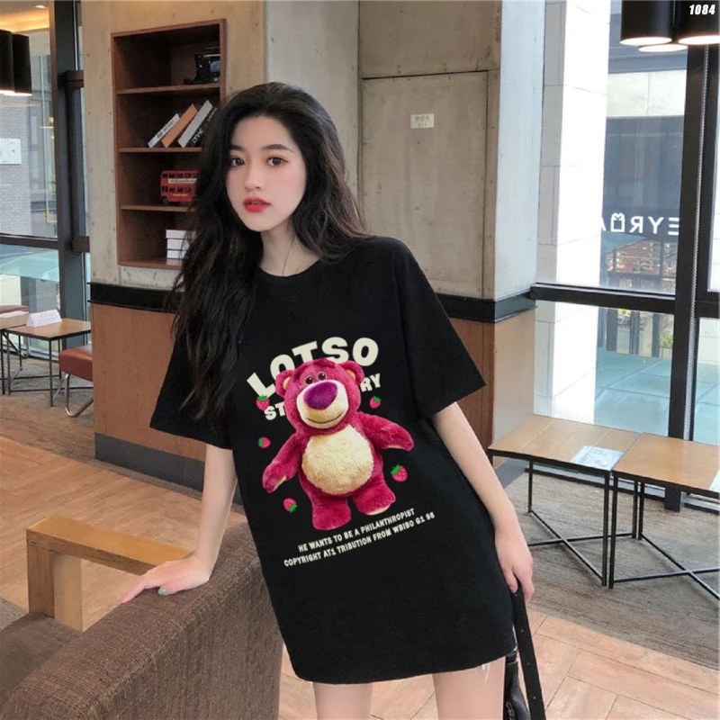 Áo phông thun cotton gấu LOTSO hồng cực đáng yêu, áo gấu lotso ba màu đen trắng hồng, áo gấu unisex phom rộng đẹp