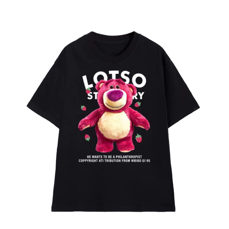 Áo phông thun cotton gấu LOTSO hồng cực đáng yêu, áo gấu lotso ba màu đen trắng hồng, áo gấu unisex phom rộng đẹp