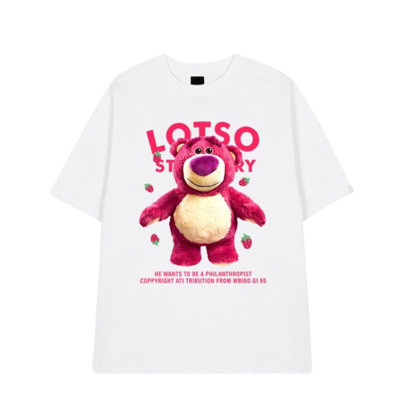 Áo phông thun cotton gấu LOTSO hồng cực đáng yêu, áo gấu lotso ba màu đen trắng hồng, áo gấu unisex phom rộng đẹp