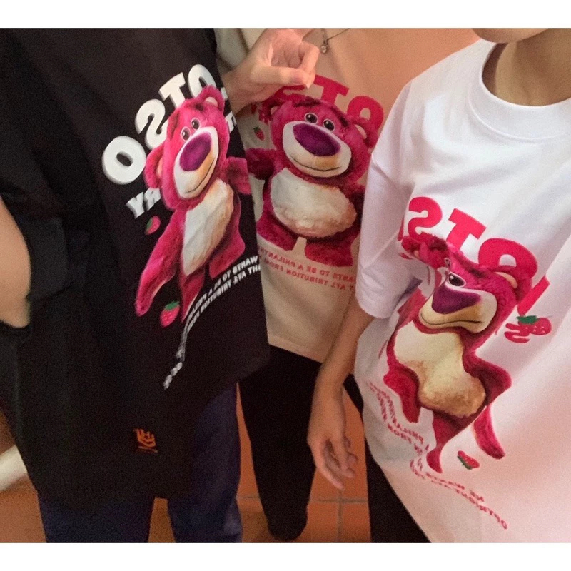 Áo phông thun cotton gấu LOTSO hồng cực đáng yêu, áo gấu lotso ba màu đen trắng hồng, áo gấu unisex phom rộng đẹp