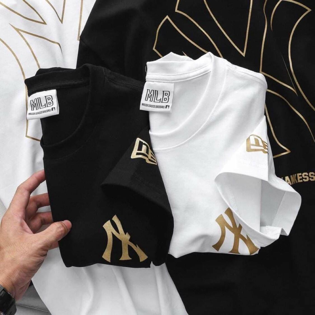 Áo thun cotton NY MLB đen trắng unisex, co giãn, mặc thoải mái, áo đen trắng chữ vàng Béo Shop