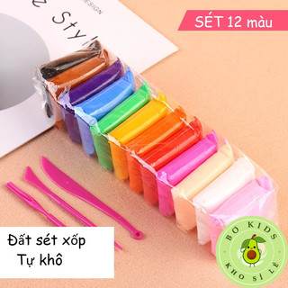 Đất nặn tự khô, đất sét siêu nhẹ set 12 màu, đất nặn không dính tay, an toàn cho bé
