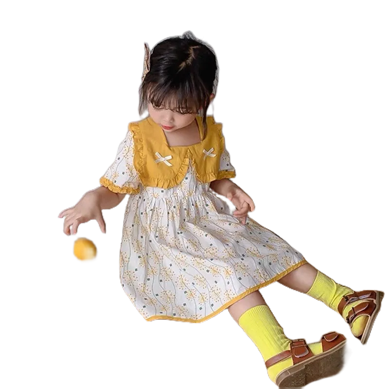 Váy thô đũi cổ bèo, tay bèo, họa tiết hoa vàng, chấm bi đen  Siêu xinh cho bé gái từ 8-18kg Hbeekids.vn